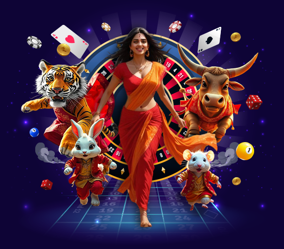 Experience 6Club excitement - A vibrant scene with a woman in a red saree surrounded by animated animals, a roulette wheel, casino chips, and poker cards, capturing the thrill of gaming.